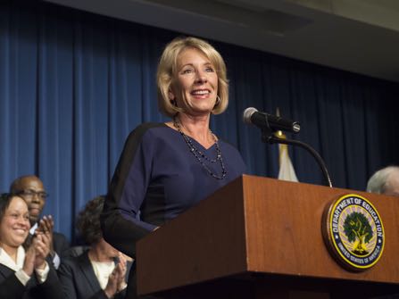 U.S. Secretary of Education Betsy DeVos addresses the department staff at the Department of Education on Wednesday, Feb. 8, 2017 in Washington. (AP Photo/Molly Riley)